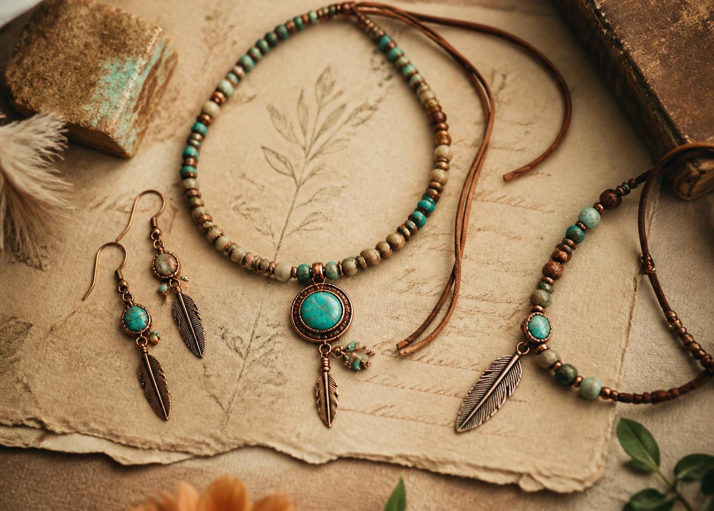 Handmade beaded necklaces and feather earrings resting on aged handmade paper