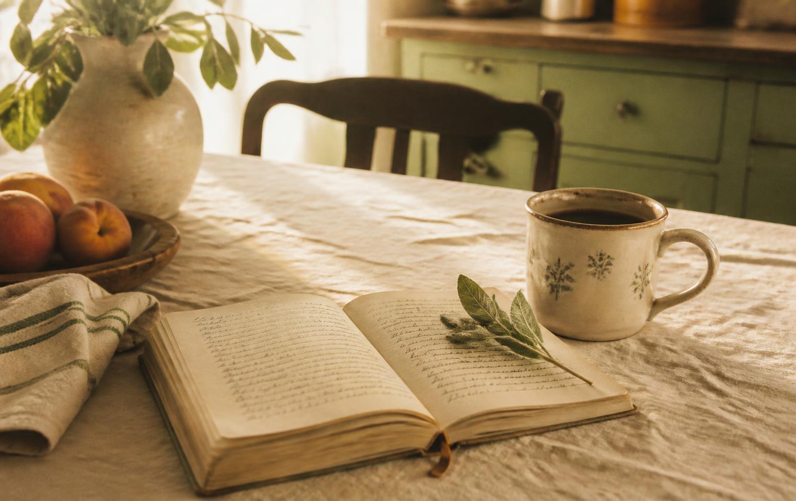 A sunlit kitchen table with a handwritten journal, coffee and fresh peaches