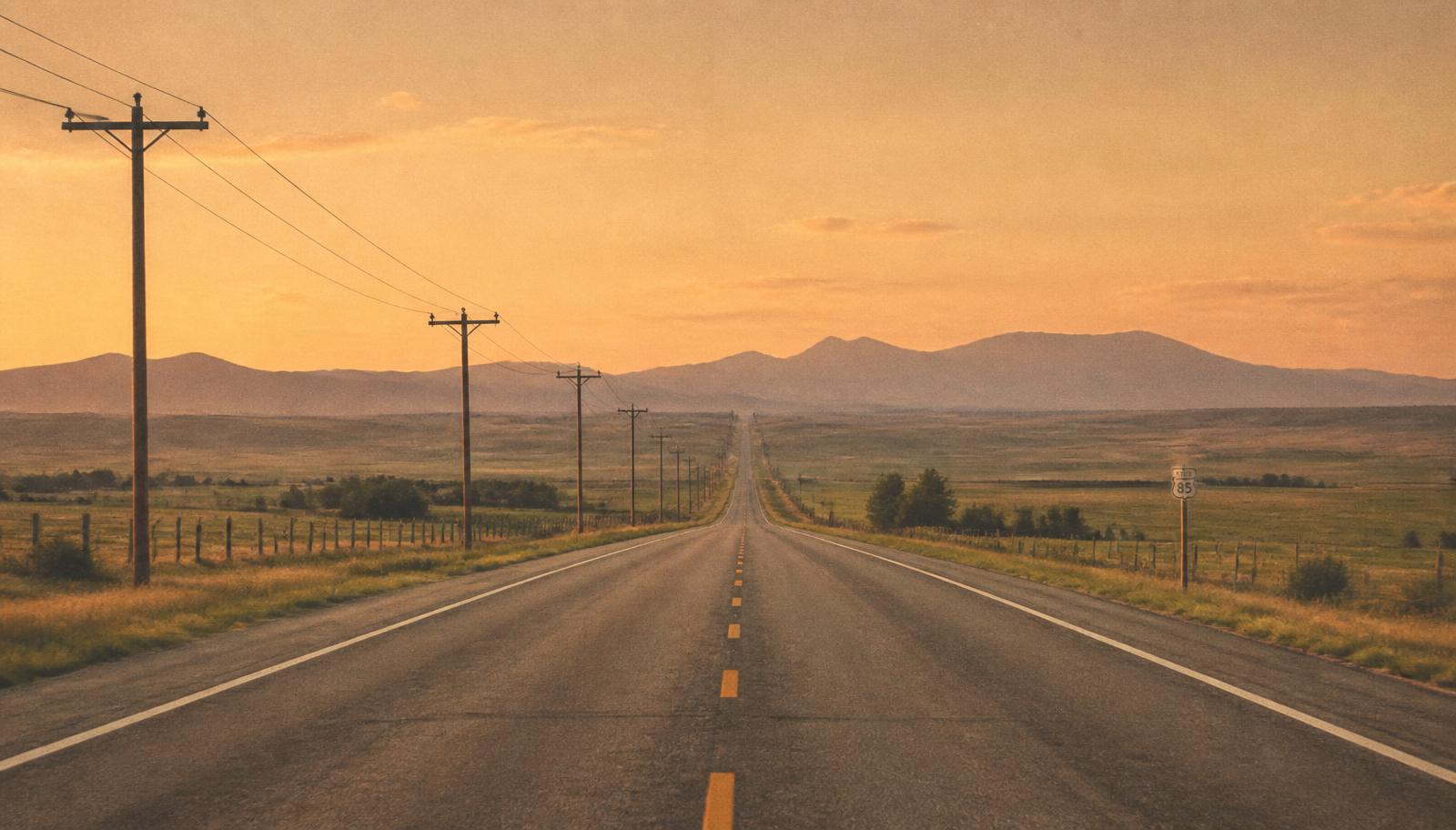 An open American highway at golden hour lined with telephone poles