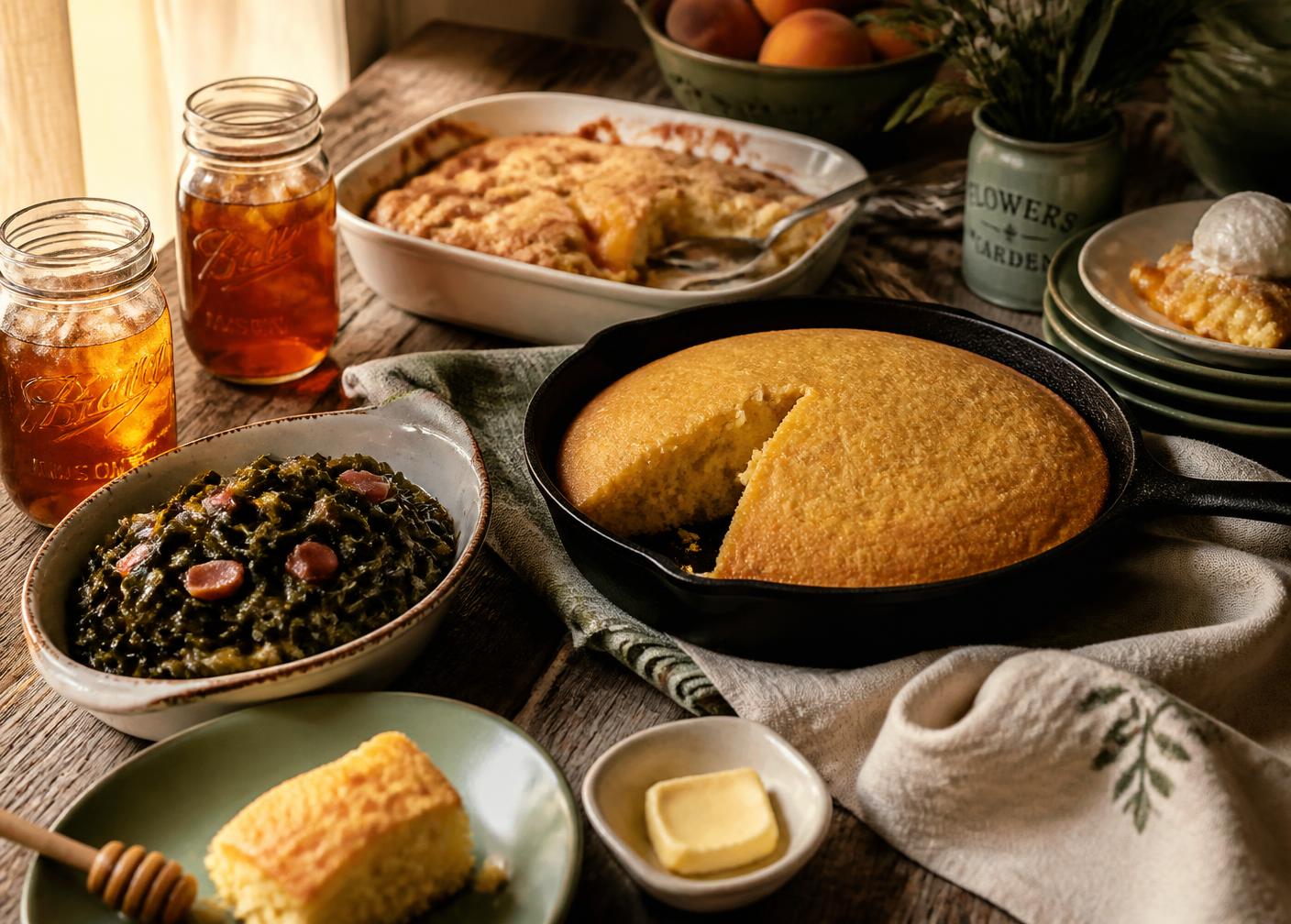Southern comfort food spread with skillet cornbread, greens, peach cobbler and sweet tea